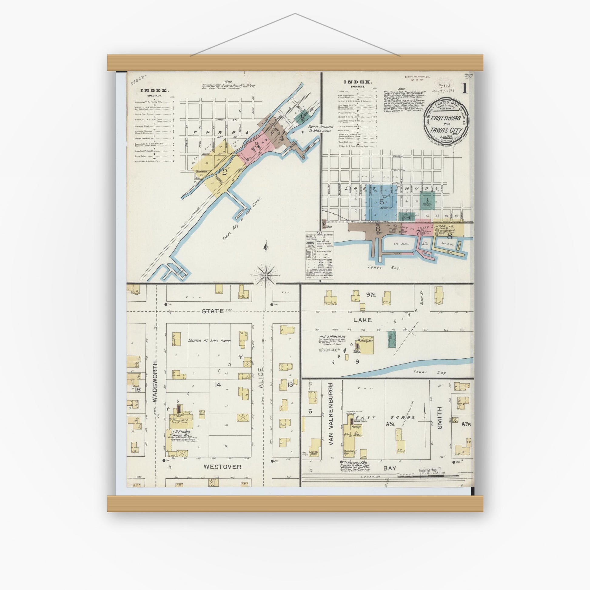Old map wall art mockup — magnetic wood frame on white wall — Sanborn Fire Insurance Map from East Tawas, Iosco County, Michigan (1893), Sheet #0001