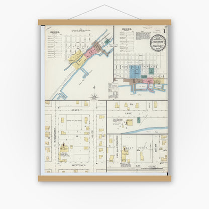 Old map wall art mockup — magnetic wood frame on white wall — Sanborn Fire Insurance Map from East Tawas, Iosco County, Michigan (1893), Sheet #0001