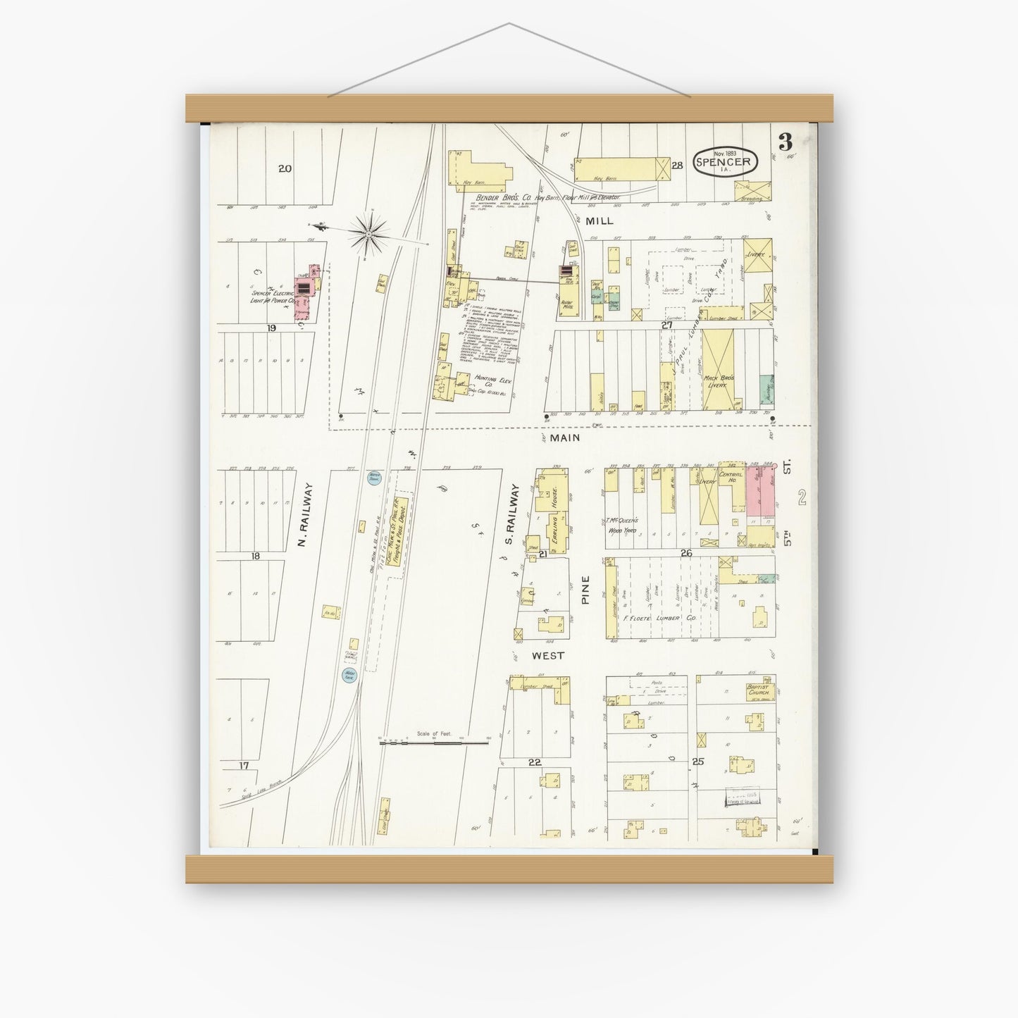 Old map wall art mockup — magnetic wood frame on white wall — Sanborn Fire Insurance Map from Spencer, Clay County, Iowa (1893), Sheet #0003