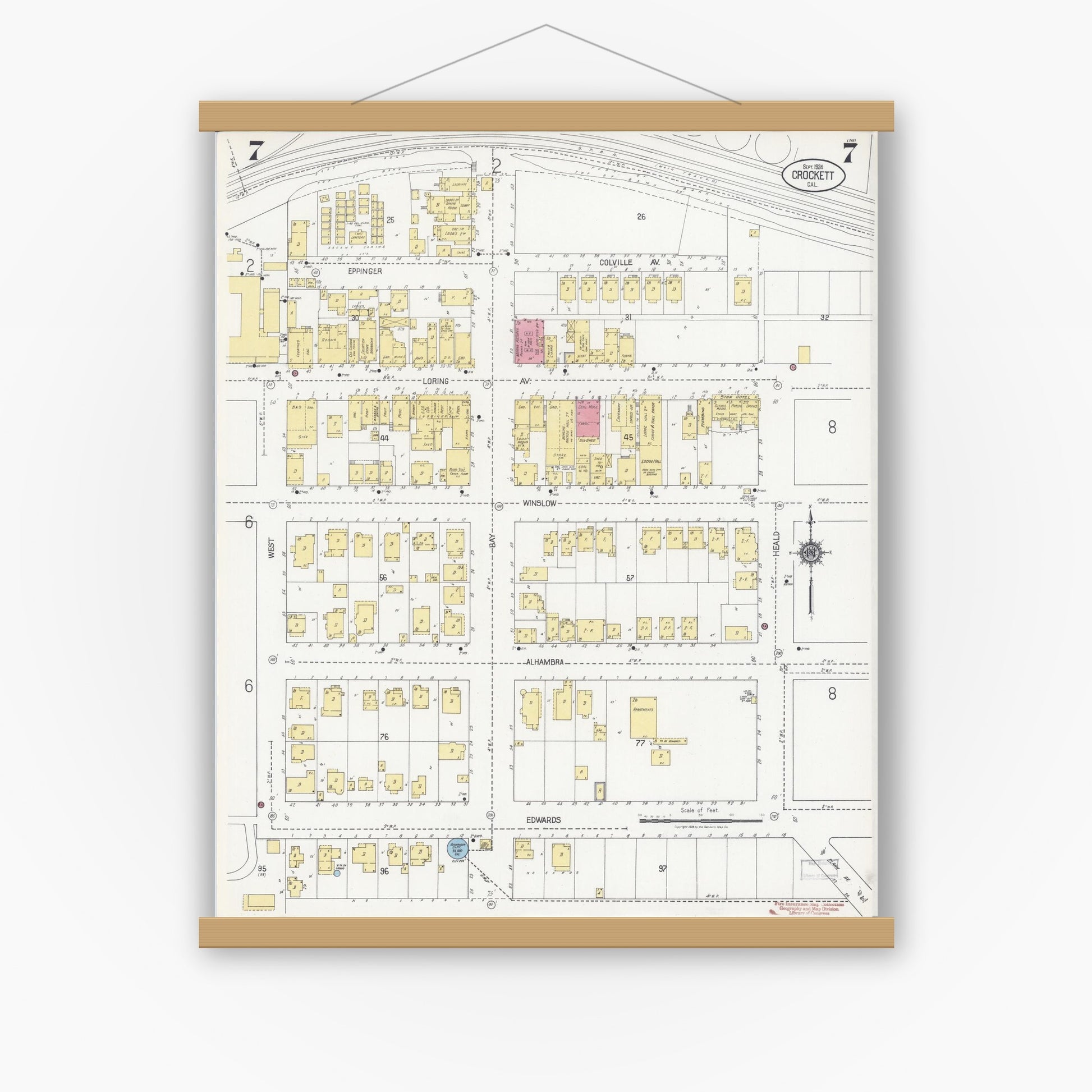 Old map wall art mockup — magnetic wood frame on white wall — Sanborn Fire Insurance Map from Crockett, Contra Costa County, California (1924), Sheet #0007
