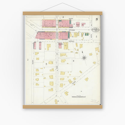 Old map wall art mockup — magnetic wood frame on white wall — Sanborn Fire Insurance Map from Pittsburg, Camp County, Texas (1906), Sheet #0003