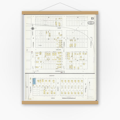 Old map wall art mockup — magnetic wood frame on white wall — Sanborn Fire Insurance Map from Virginia, Saint Louis County, Minnesota (1910), Sheet #0013