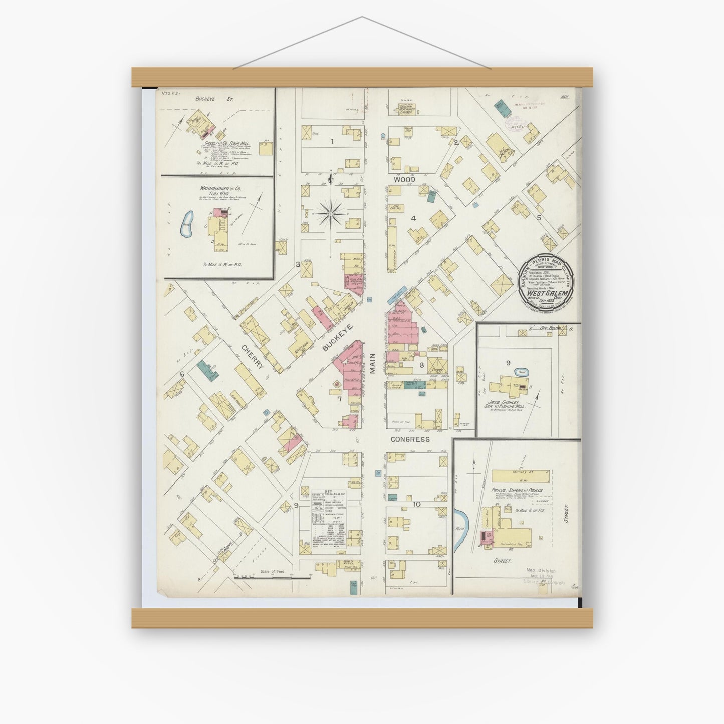 Old map wall art mockup — magnetic wood frame on white wall — Sanborn Fire Insurance Map from West Salem, Wayne County, Ohio (1893), Sheet #0001
