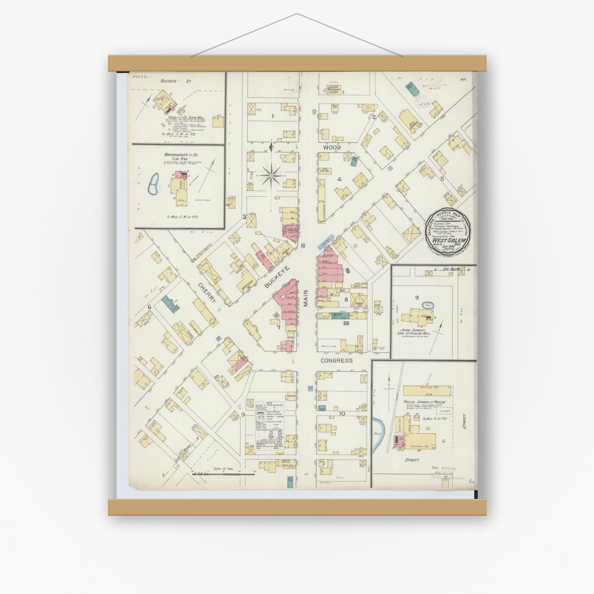 Old map wall art mockup — magnetic wood frame on white wall — Sanborn Fire Insurance Map from West Salem, Wayne County, Ohio (1893), Sheet #0001