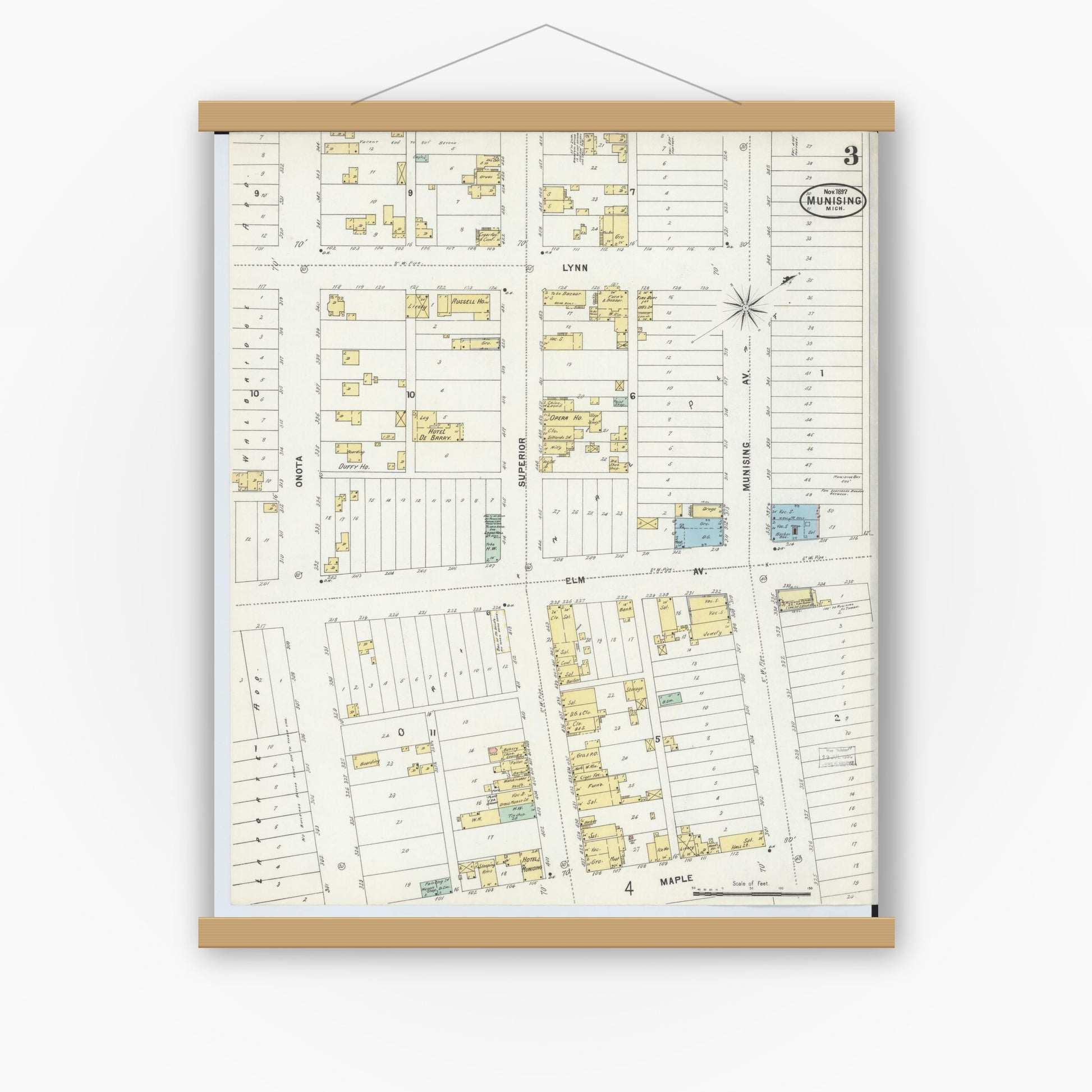 Old map wall art mockup — magnetic wood frame on white wall — Sanborn Fire Insurance Map from Munising, Alger County, Michigan (1897), Sheet #0003