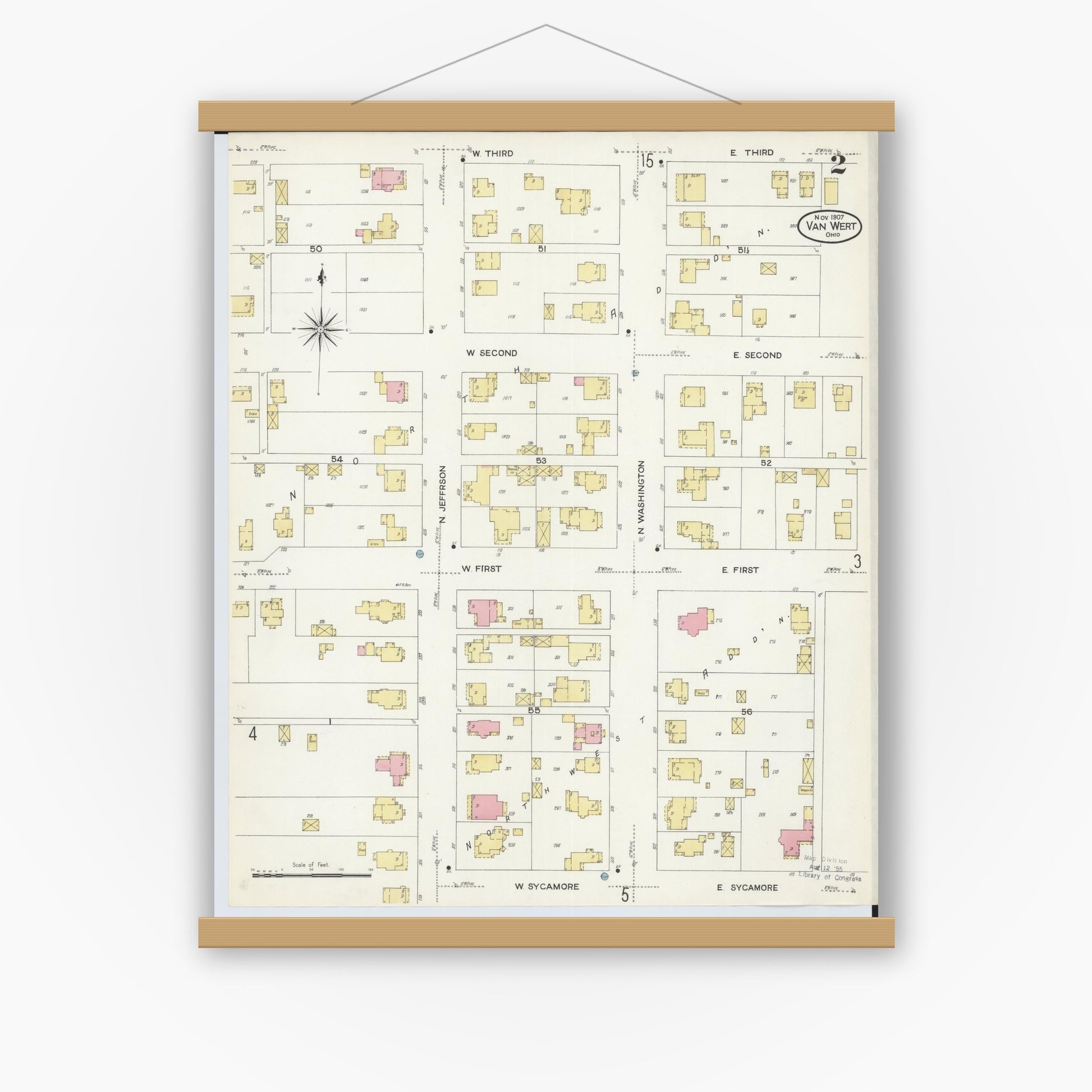 Old map wall art mockup — magnetic wood frame on white wall — Sanborn Fire Insurance Map from Van Wert, Van Wert County, Ohio (1907), Sheet #0002
