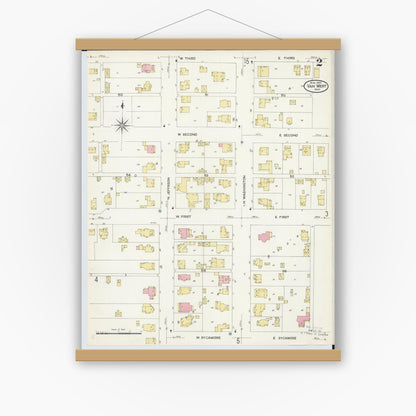 Old map wall art mockup — magnetic wood frame on white wall — Sanborn Fire Insurance Map from Van Wert, Van Wert County, Ohio (1907), Sheet #0002