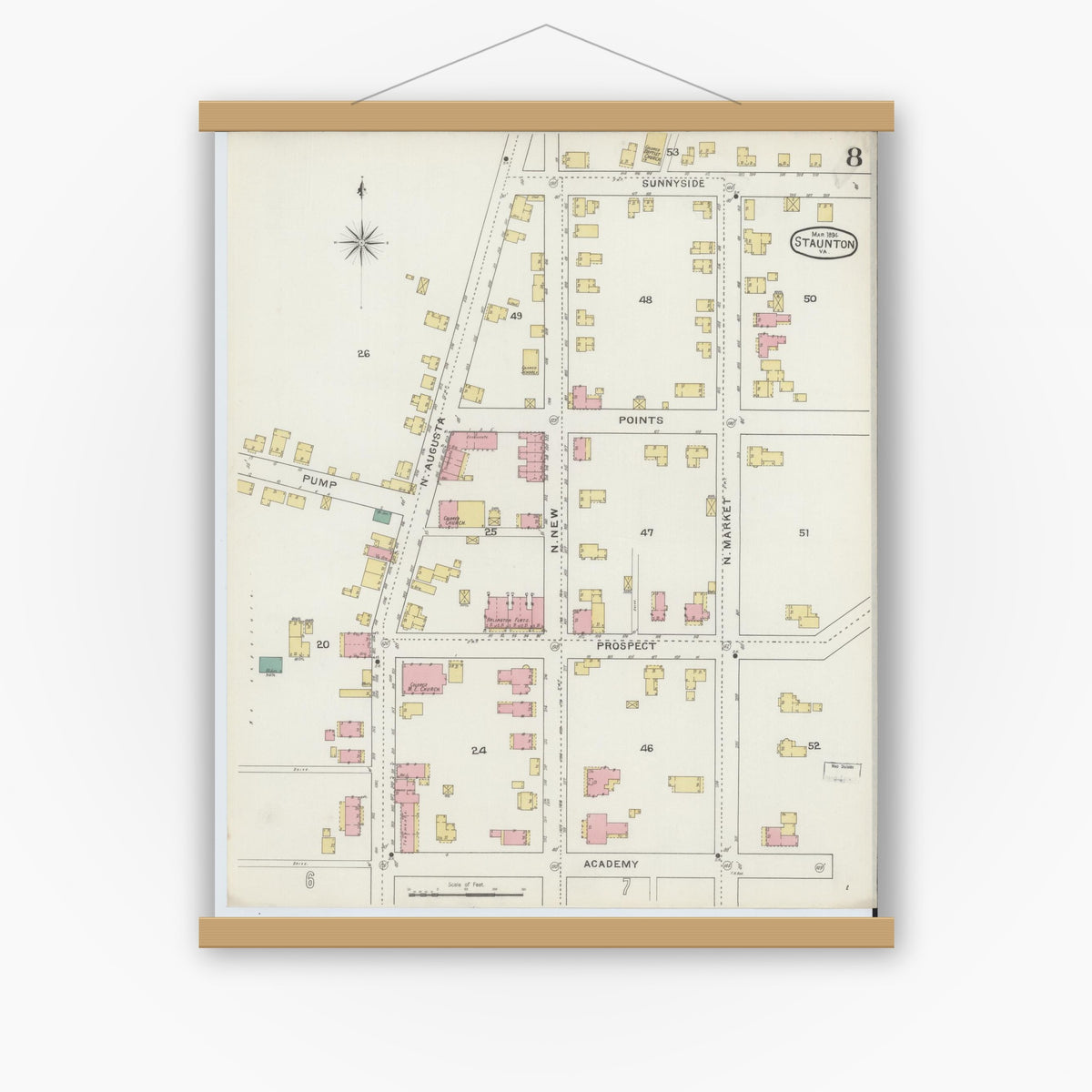 Old map wall art mockup — magnetic wood frame on white wall — Sanborn Fire Insurance Map from Staunton, Independent Cities, Virginia (1894), Sheet #0008