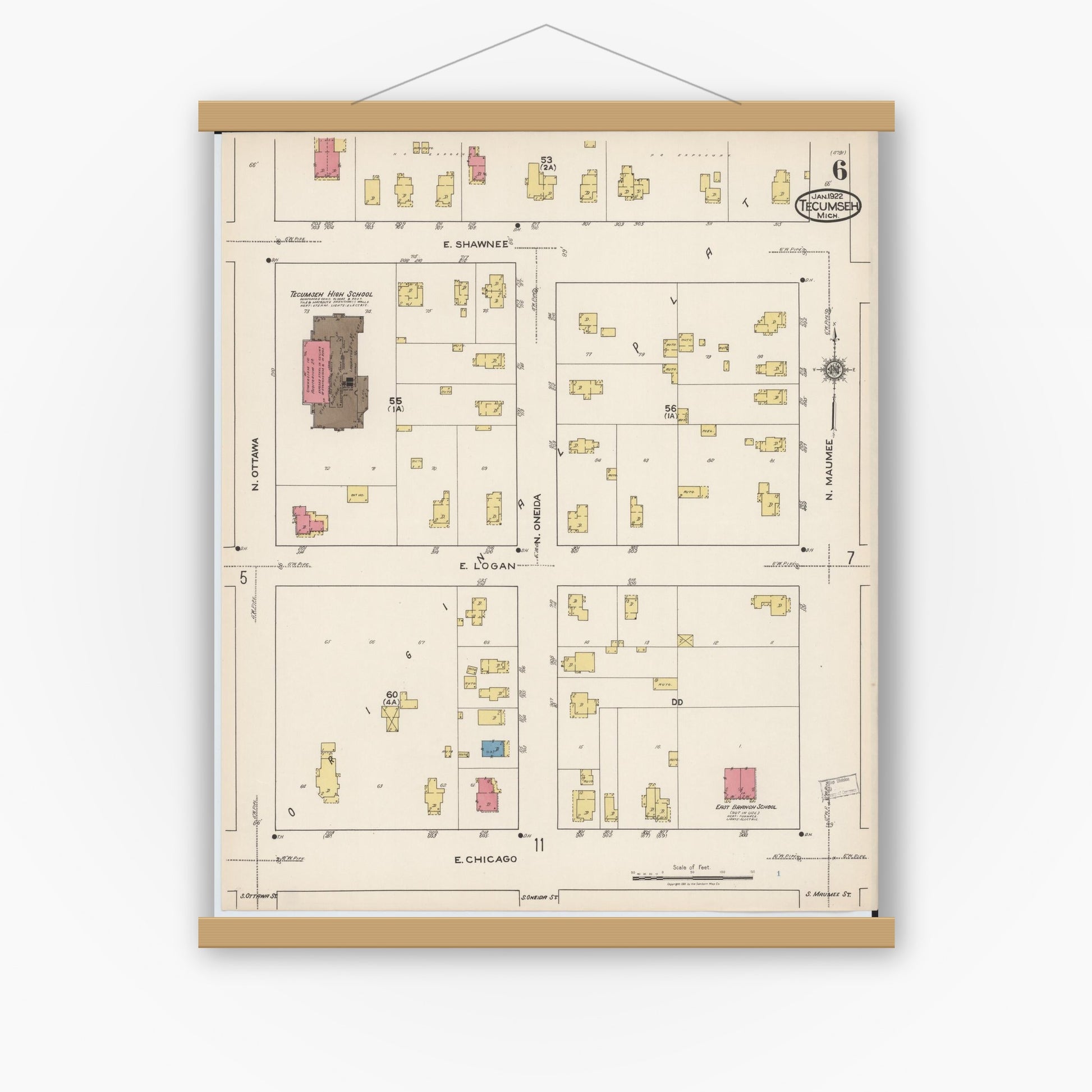 Old map wall art mockup — magnetic wood frame on white wall — Sanborn Fire Insurance Map from Tecumseh, Lenawee County, Michigan (1922), Sheet #0006