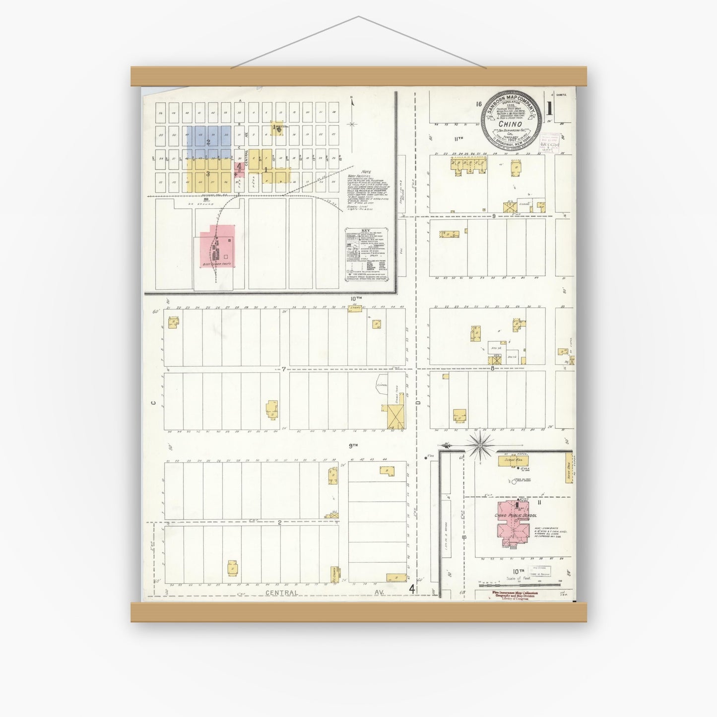 Old map wall art mockup — magnetic wood frame on white wall — Sanborn Fire Insurance Map from Chino, San Bernardino County, California (1907), Sheet #0001