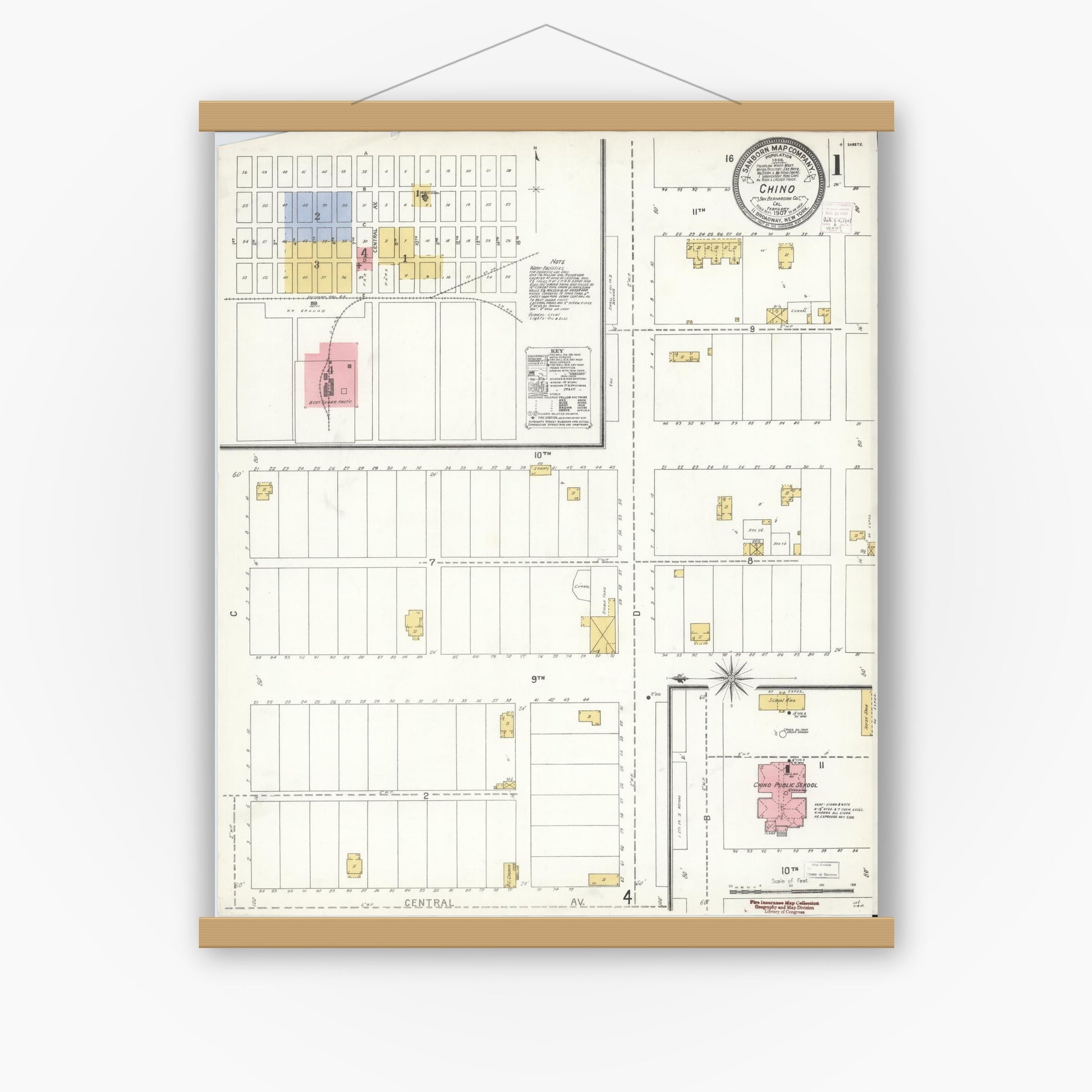 Old map wall art mockup — magnetic wood frame on white wall — Sanborn Fire Insurance Map from Chino, San Bernardino County, California (1907), Sheet #0001