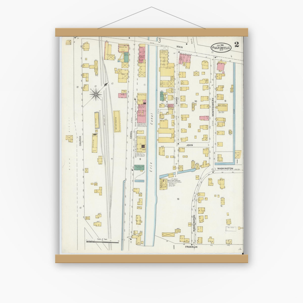 Old map wall art mockup — magnetic wood frame on white wall — Sanborn Fire Insurance Map from Fultonville, Montgomery County, New York (1906), Sheet #0002