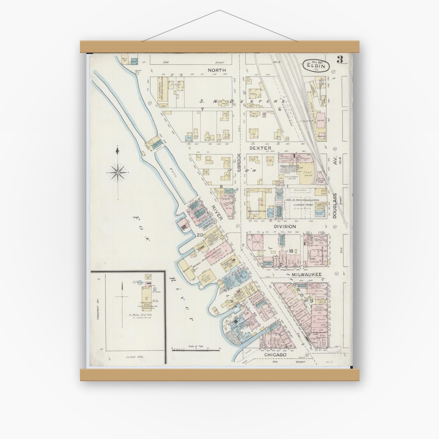 Old map wall art mockup — magnetic wood frame on white wall — Sanborn Fire Insurance Map from Elgin, Kane County, Illinois (1887), Sheet #0003