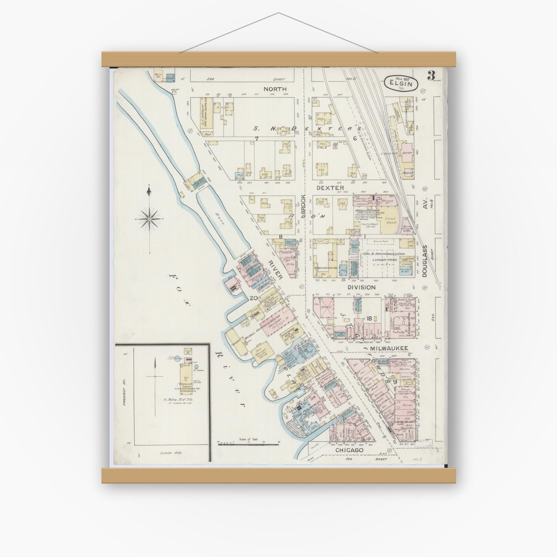 Old map wall art mockup — magnetic wood frame on white wall — Sanborn Fire Insurance Map from Elgin, Kane County, Illinois (1887), Sheet #0003
