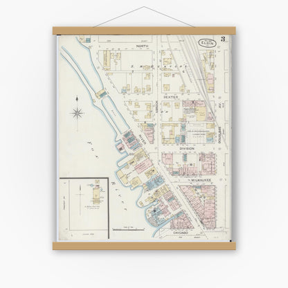Old map wall art mockup — magnetic wood frame on white wall — Sanborn Fire Insurance Map from Elgin, Kane County, Illinois (1887), Sheet #0003
