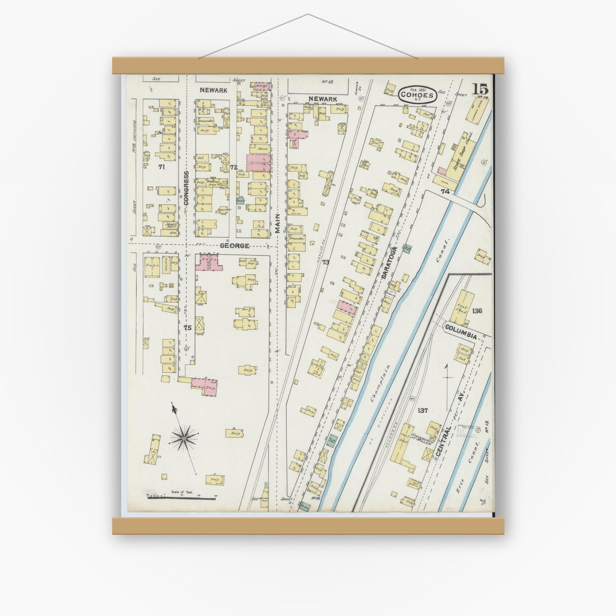 Old map wall art mockup — magnetic wood frame on white wall — Sanborn Fire Insurance Map from Cohoes, Albany County, New York (1891), Sheet #0015