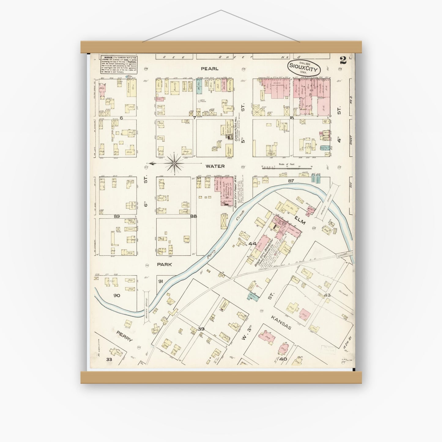 Old map wall art mockup — magnetic wood frame on white wall — Sanborn Fire Insurance Map from Sioux City, Woodbury County, Iowa (1884), Sheet #0002