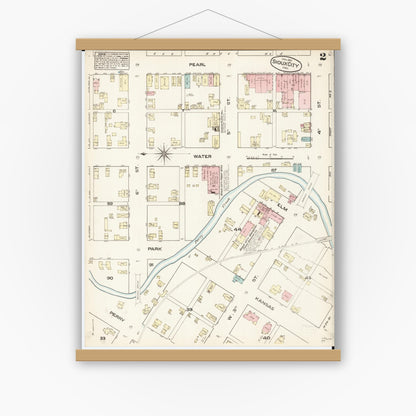 Old map wall art mockup — magnetic wood frame on white wall — Sanborn Fire Insurance Map from Sioux City, Woodbury County, Iowa (1884), Sheet #0002