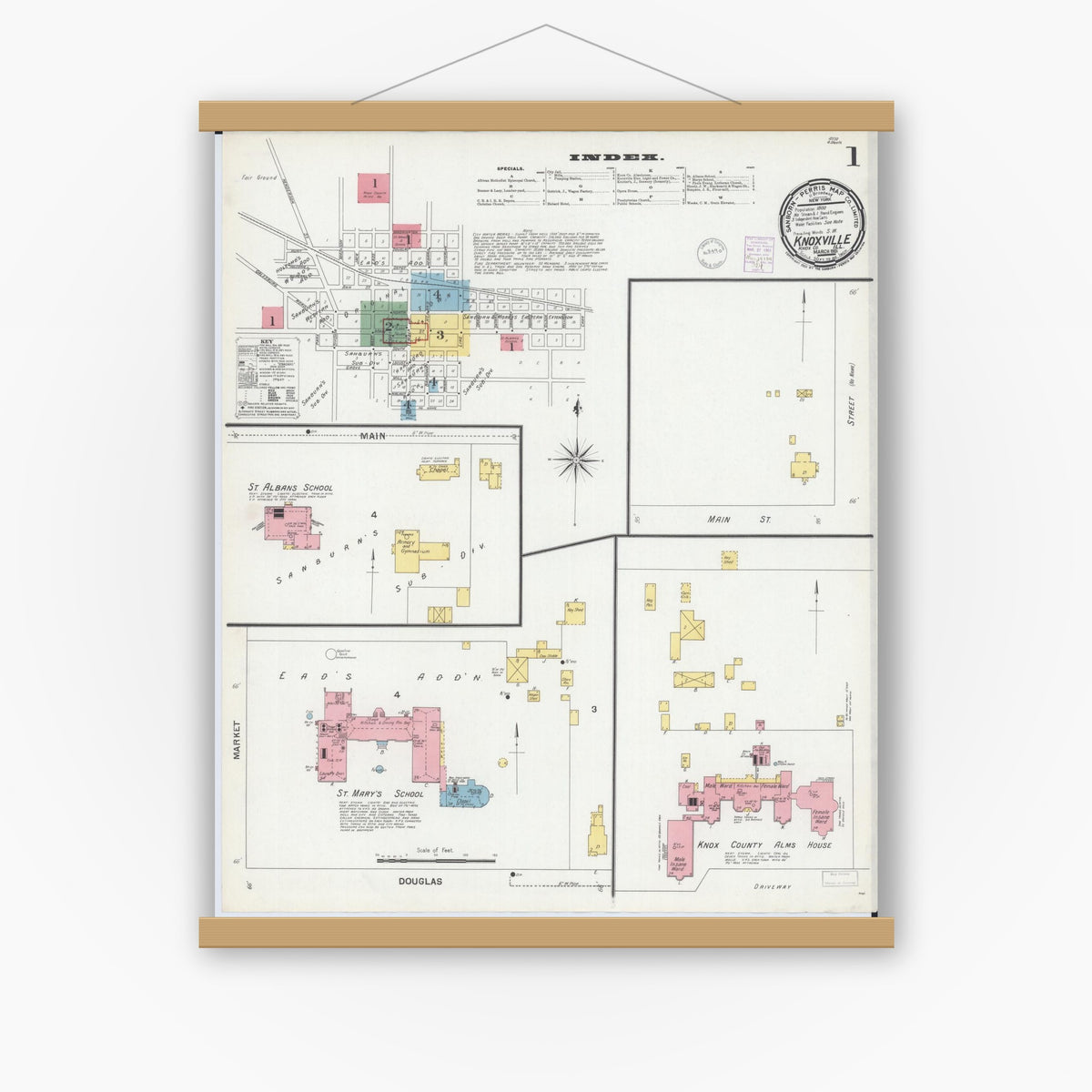 Old map wall art mockup — magnetic wood frame on white wall — Sanborn Fire Insurance Map from Knoxville, Knox County, Illinois (1901) - Complete Map Set