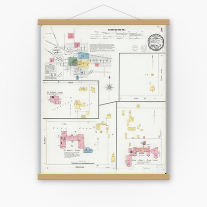 Old map wall art mockup — magnetic wood frame on white wall — Sanborn Fire Insurance Map from Knoxville, Knox County, Illinois (1901) - Complete Map Set