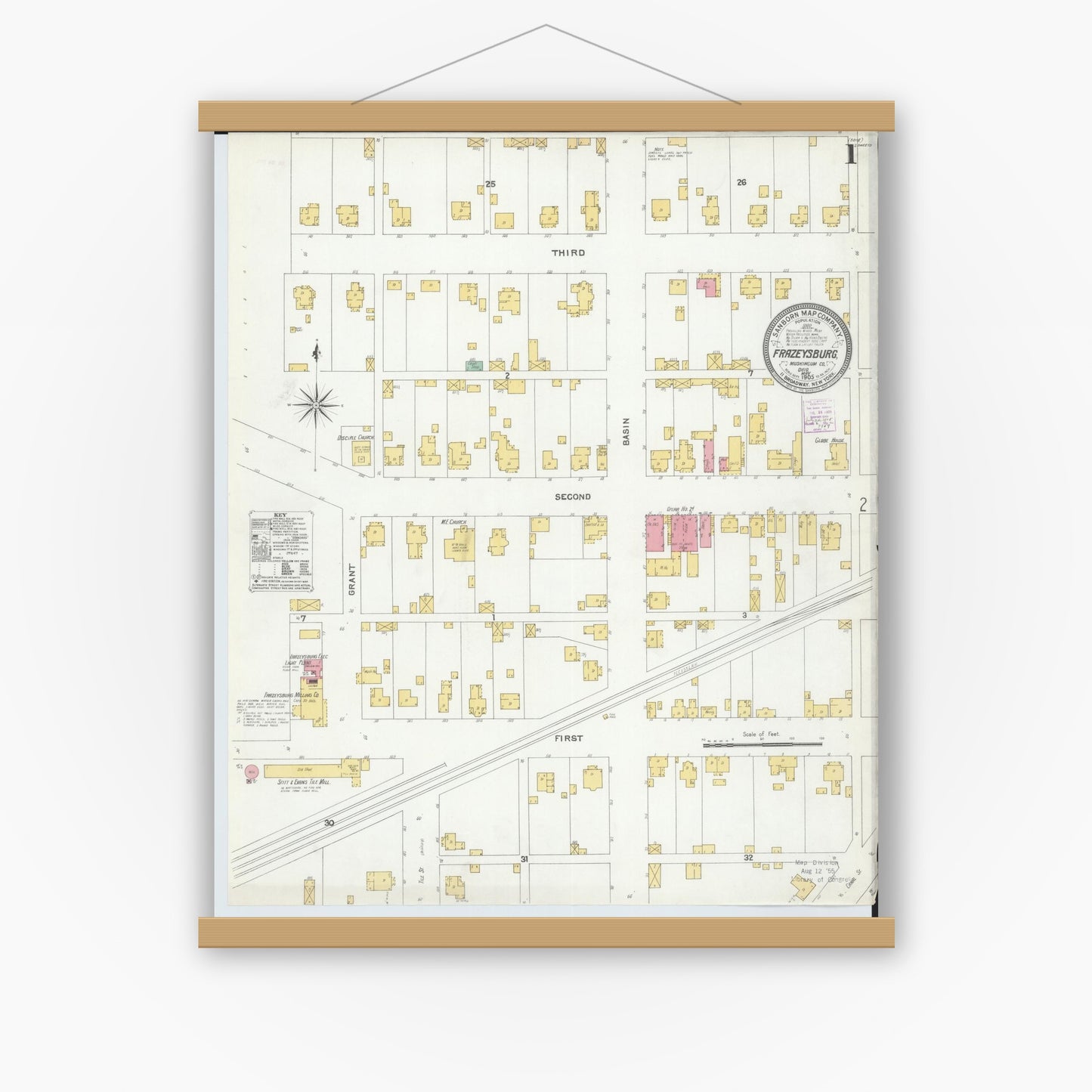 Old map wall art mockup — magnetic wood frame on white wall — Sanborn Fire Insurance Map from Frazeysburg, Muskingum County, Ohio (1905) - Complete Map Set