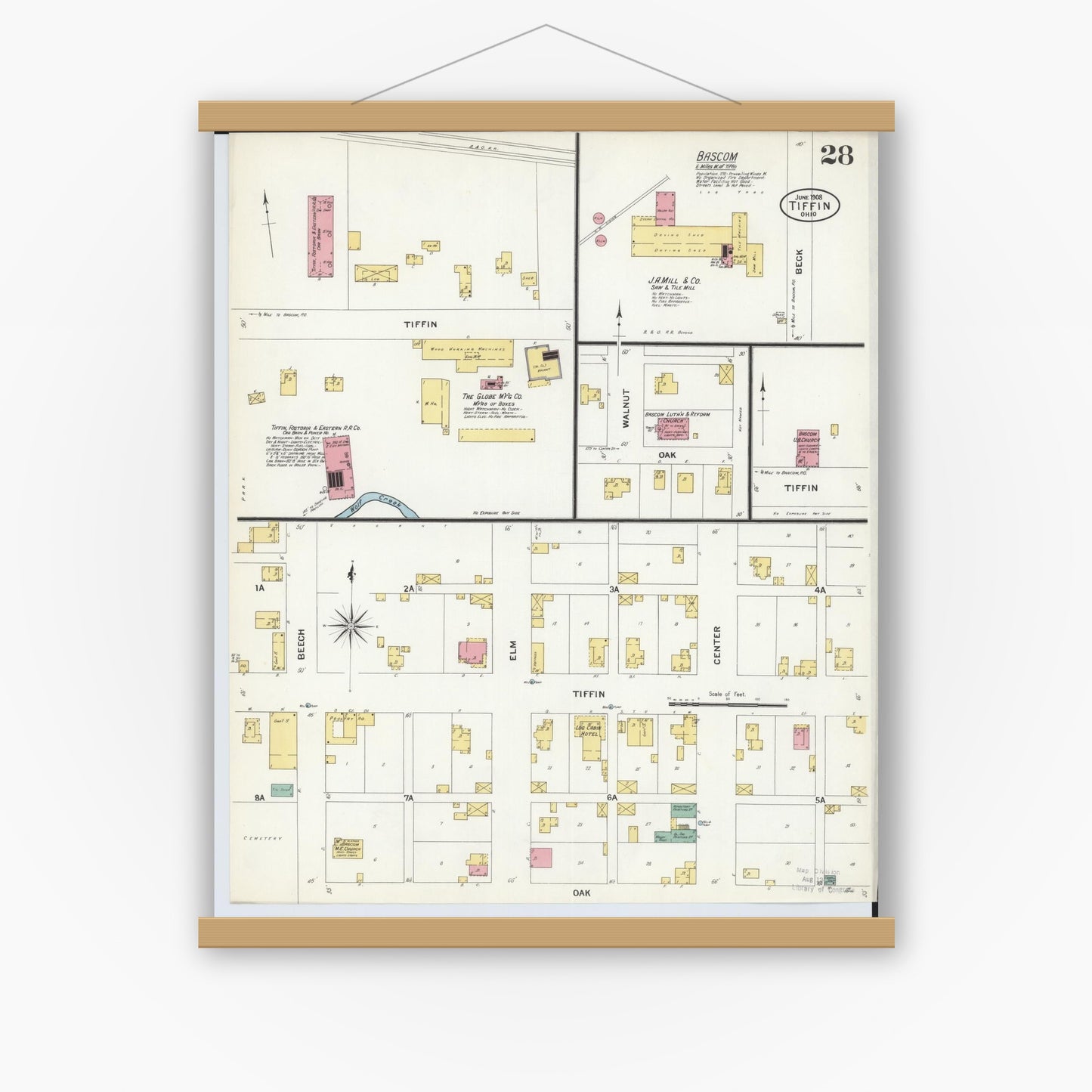 Old map wall art mockup — magnetic wood frame on white wall — Sanborn Fire Insurance Map from Tiffin, Seneca County, Ohio (1908), Sheet #0028