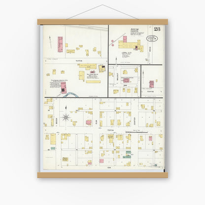 Old map wall art mockup — magnetic wood frame on white wall — Sanborn Fire Insurance Map from Tiffin, Seneca County, Ohio (1908), Sheet #0028