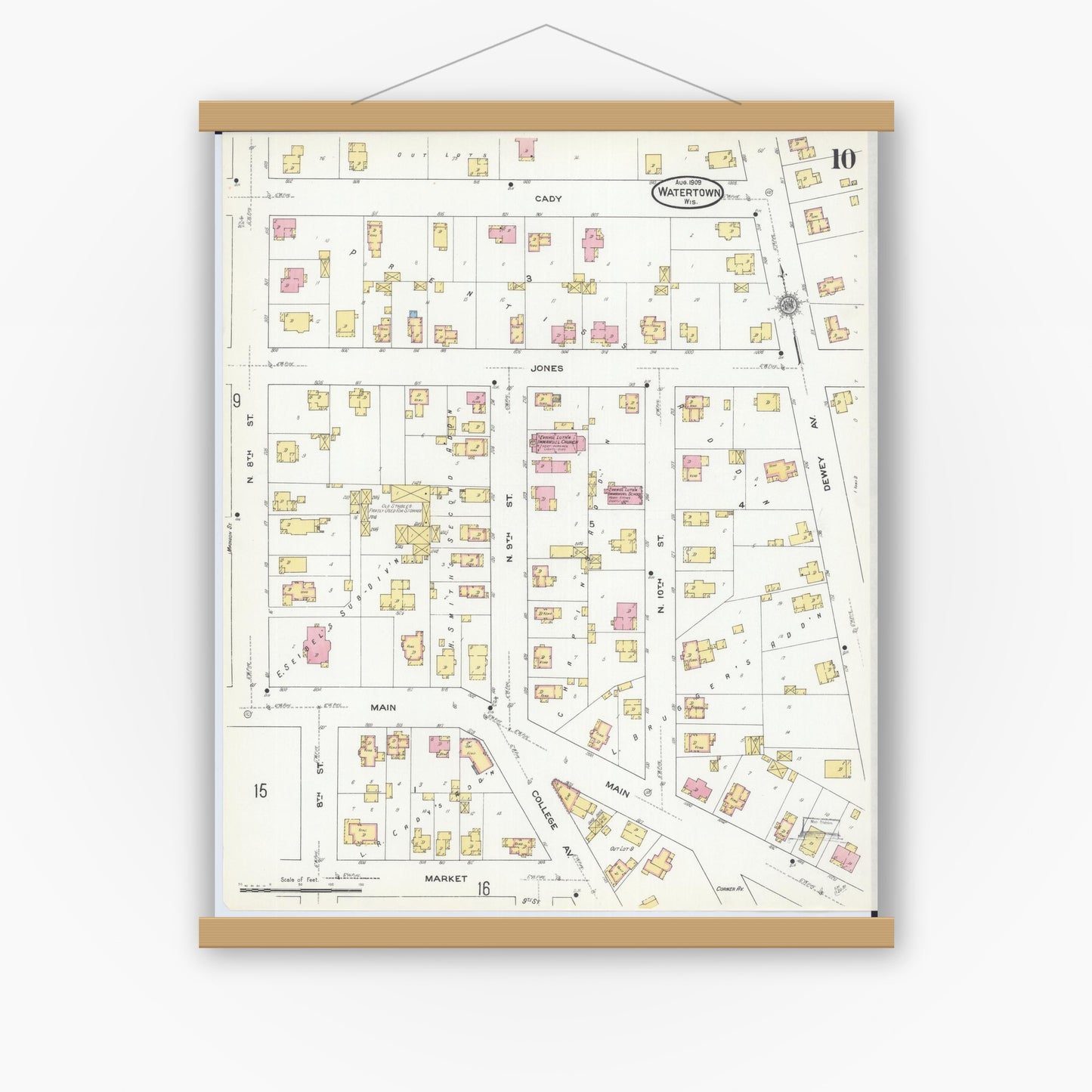 Old map wall art mockup — magnetic wood frame on white wall — Sanborn Fire Insurance Map from Watertown, Jefferson County, Wisconsin (1909), Sheet #0010