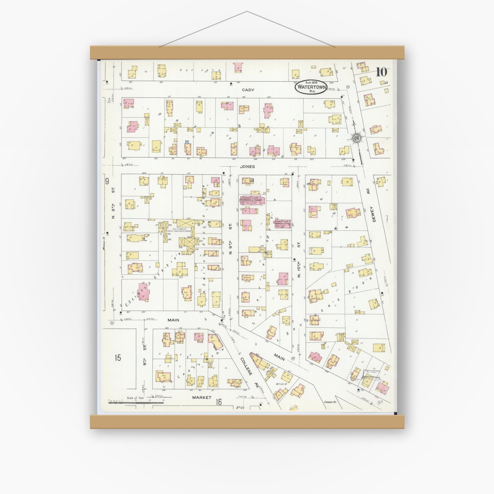 Old map wall art mockup — magnetic wood frame on white wall — Sanborn Fire Insurance Map from Watertown, Jefferson County, Wisconsin (1909), Sheet #0010