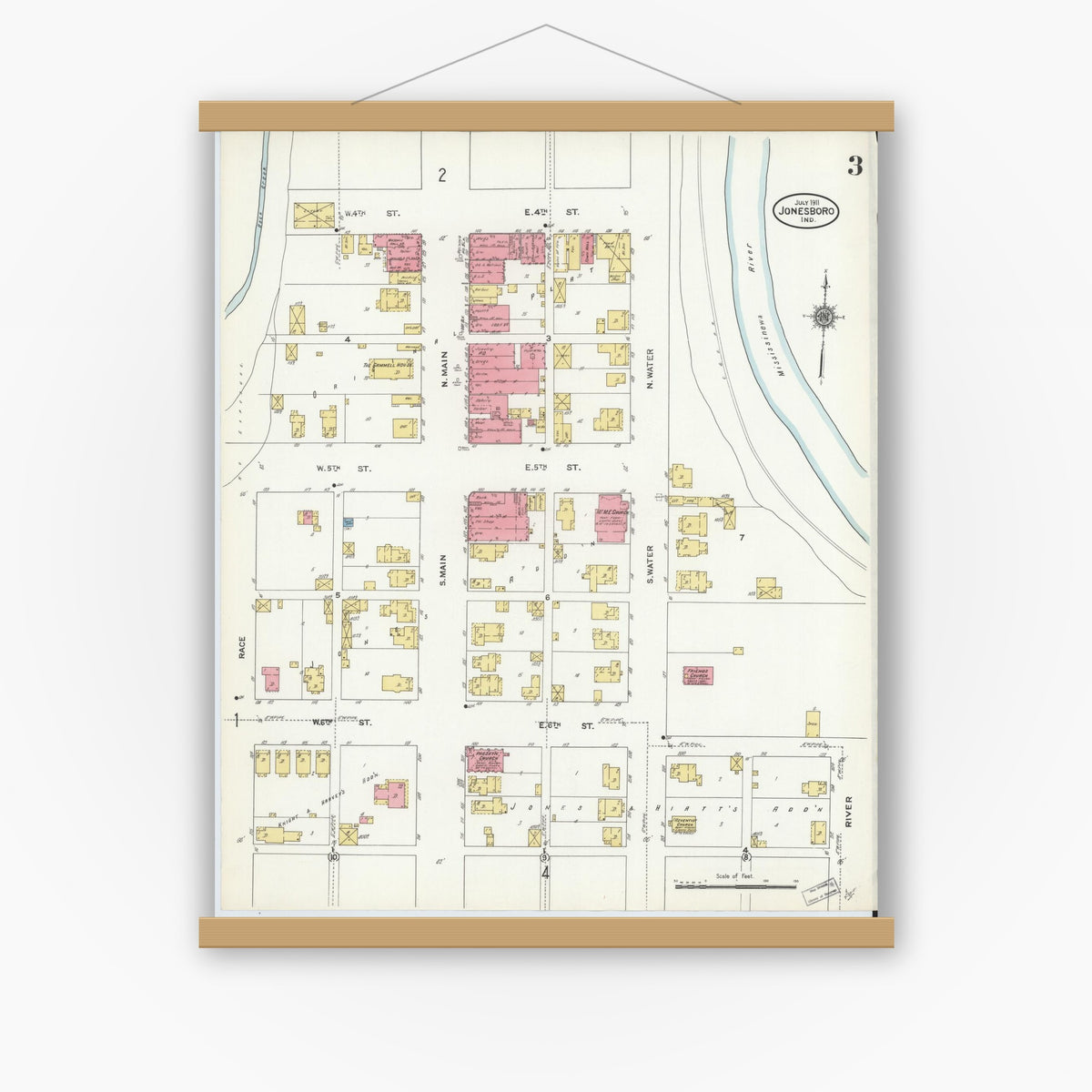 Old map wall art mockup — magnetic wood frame on white wall — Sanborn Fire Insurance Map from Jonesboro, Grant County, Indiana (1911), Sheet #0003