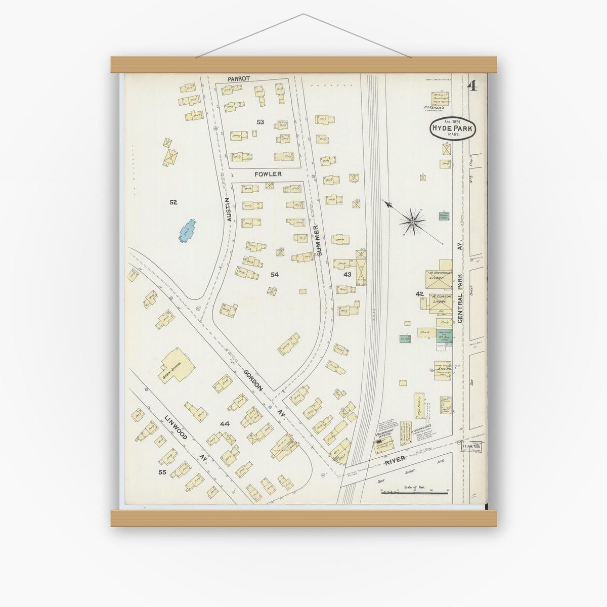 Old map wall art mockup — magnetic wood frame on white wall — Sanborn Fire Insurance Map from Hyde Park, Norfolk County, Massachusetts (1891), Sheet #0004