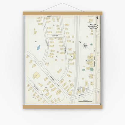 Old map wall art mockup — magnetic wood frame on white wall — Sanborn Fire Insurance Map from Hyde Park, Norfolk County, Massachusetts (1891), Sheet #0004