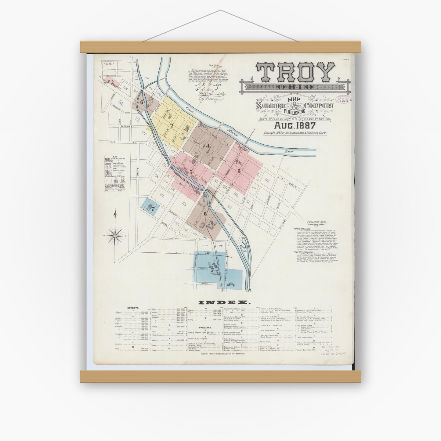 Old map wall art mockup — magnetic wood frame on white wall — Sanborn Fire Insurance Map from Troy, Miami County, Ohio (1887), Sheet #0001
