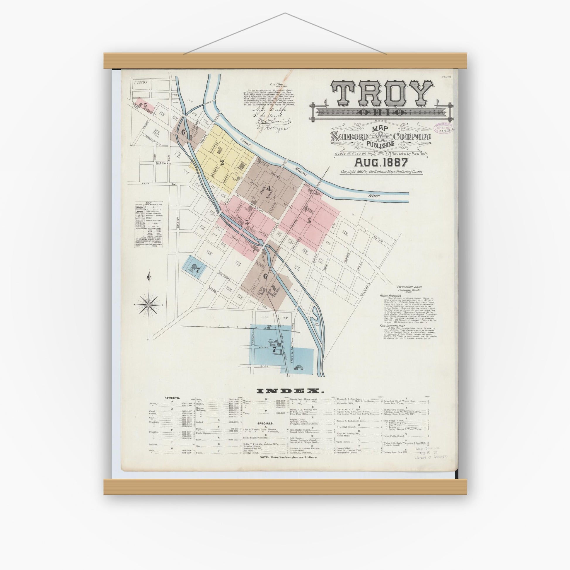 Old map wall art mockup — magnetic wood frame on white wall — Sanborn Fire Insurance Map from Troy, Miami County, Ohio (1887), Sheet #0001
