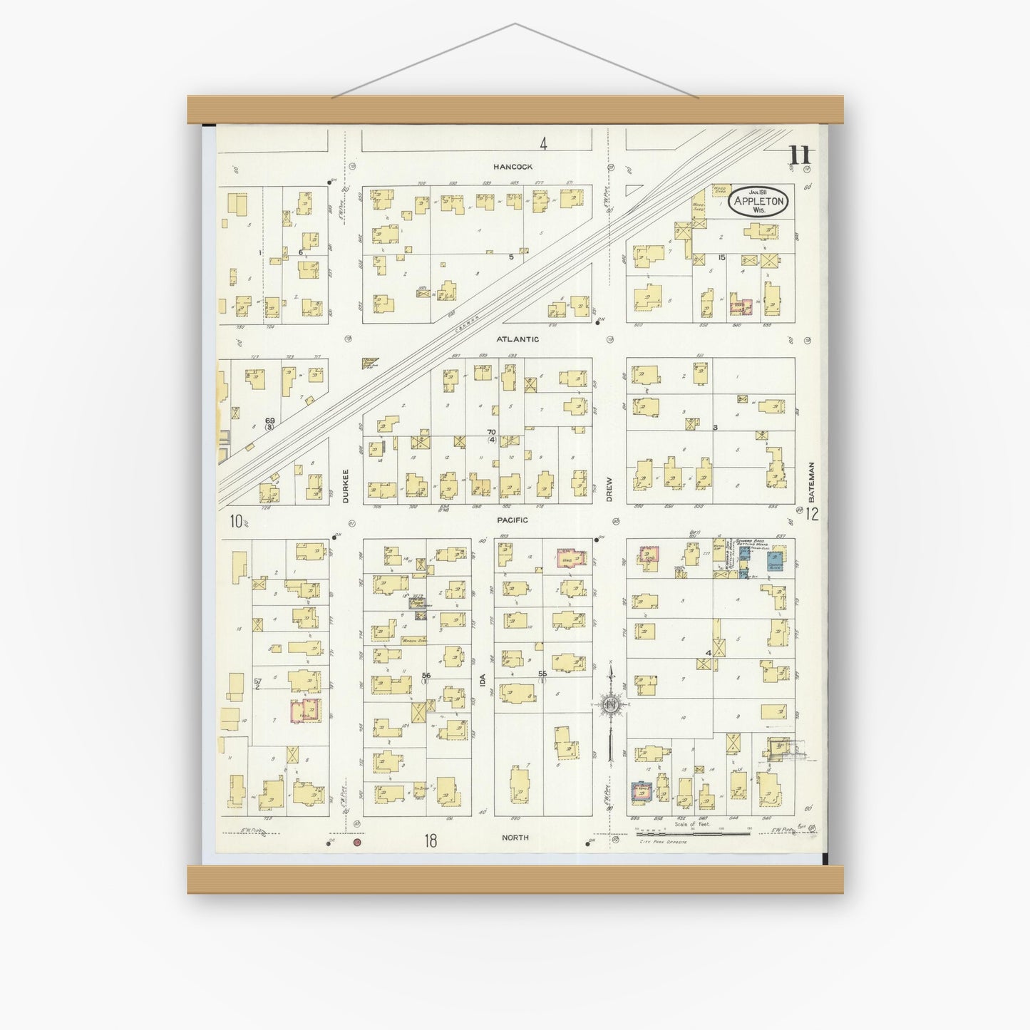 Old map wall art mockup — magnetic wood frame on white wall — Sanborn Fire Insurance Map from Appleton, Outagamie County, Wisconsin (1911), Sheet #0011