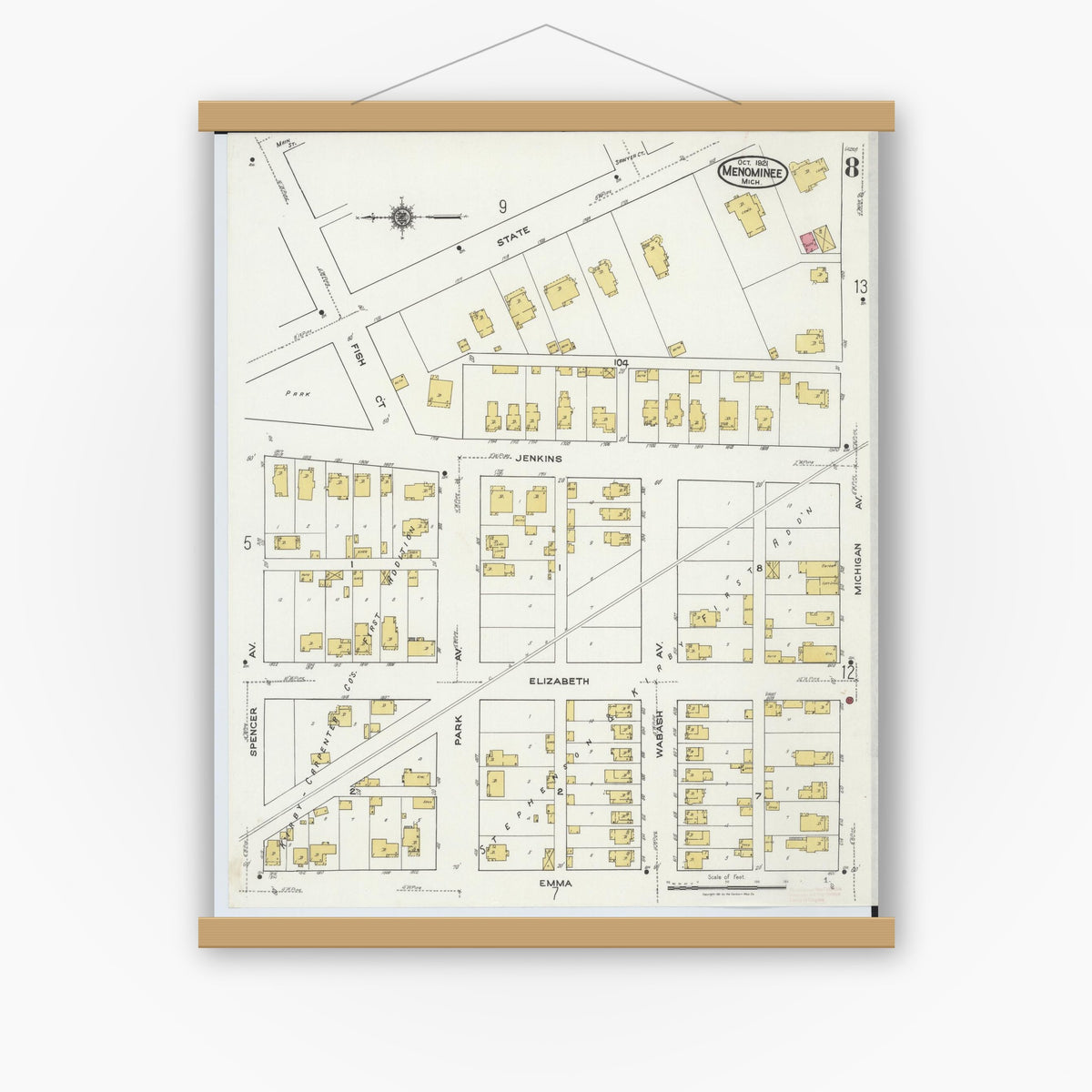 Old map wall art mockup — magnetic wood frame on white wall — Sanborn Fire Insurance Map from Menominee, Menominee County, Michigan (1921), Sheet #0008