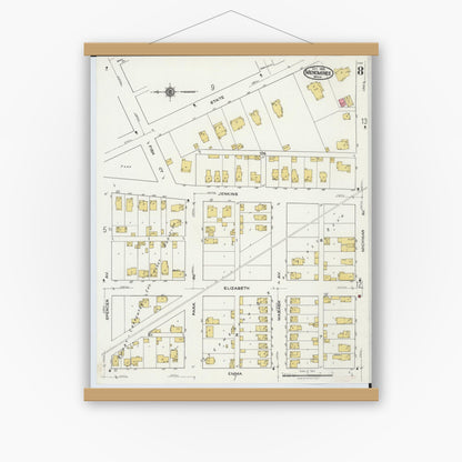 Old map wall art mockup — magnetic wood frame on white wall — Sanborn Fire Insurance Map from Menominee, Menominee County, Michigan (1921), Sheet #0008