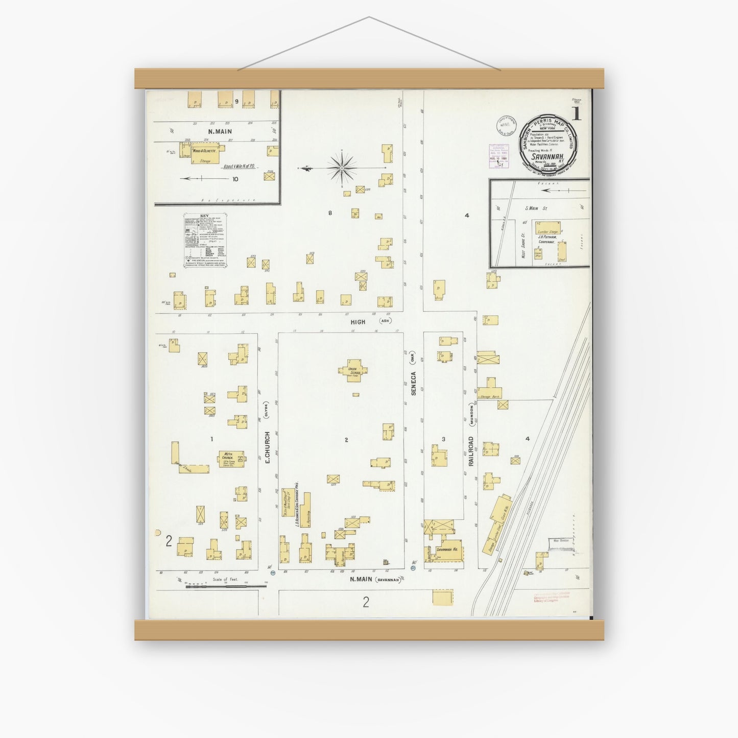 Old map wall art mockup — magnetic wood frame on white wall — Sanborn Fire Insurance Map from Savannah, Wayne County, New York (1901) - Complete Map Set