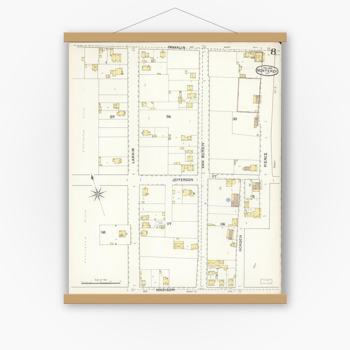 Old map wall art mockup — magnetic wood frame on white wall — Sanborn Fire Insurance Map from Monterey, Monterey County, California (1892), Sheet #0008