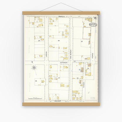 Old map wall art mockup — magnetic wood frame on white wall — Sanborn Fire Insurance Map from Monterey, Monterey County, California (1892), Sheet #0008