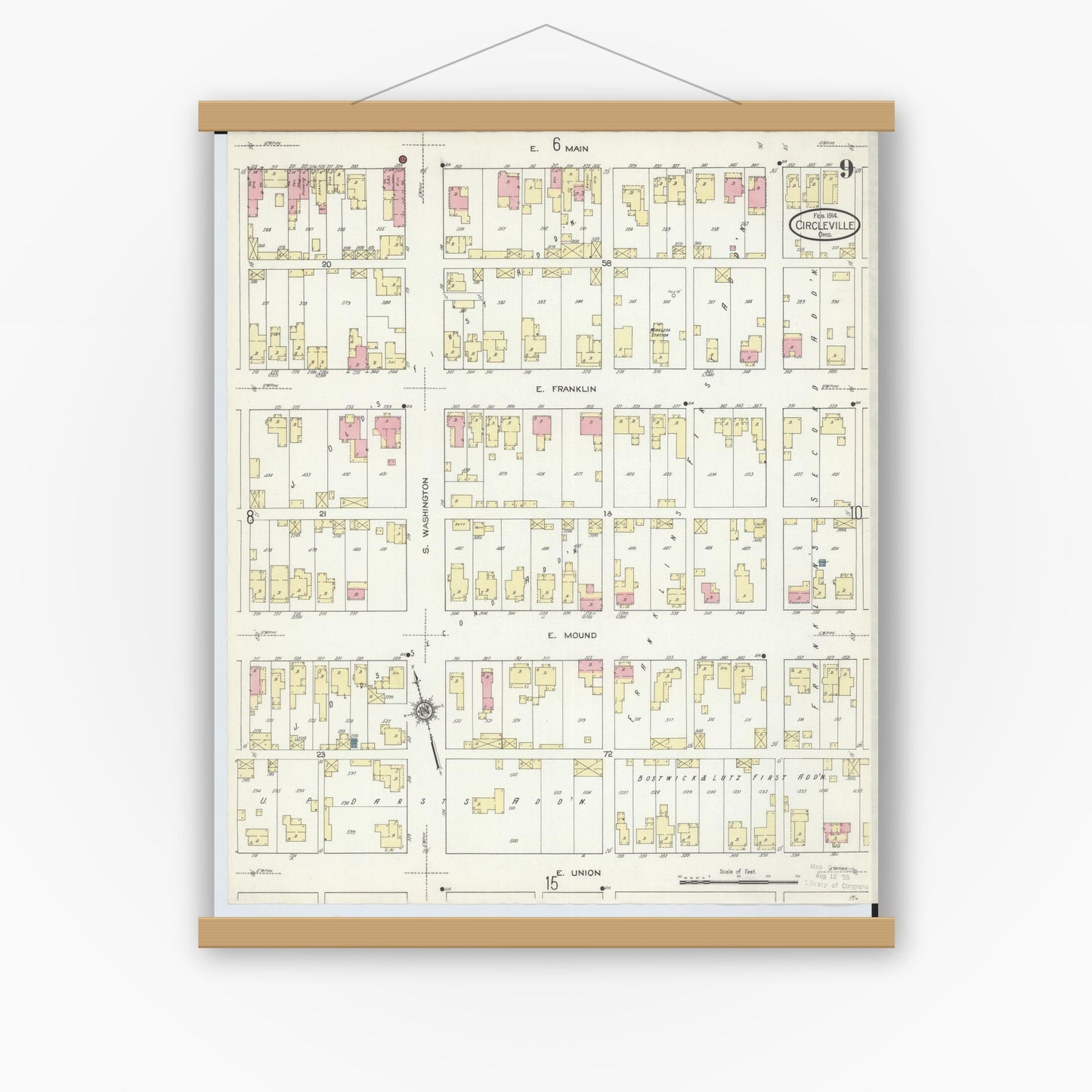 Old map wall art mockup — magnetic wood frame on white wall — Sanborn Fire Insurance Map from Circleville, Pickaway County, Ohio (1914), Sheet #0009
