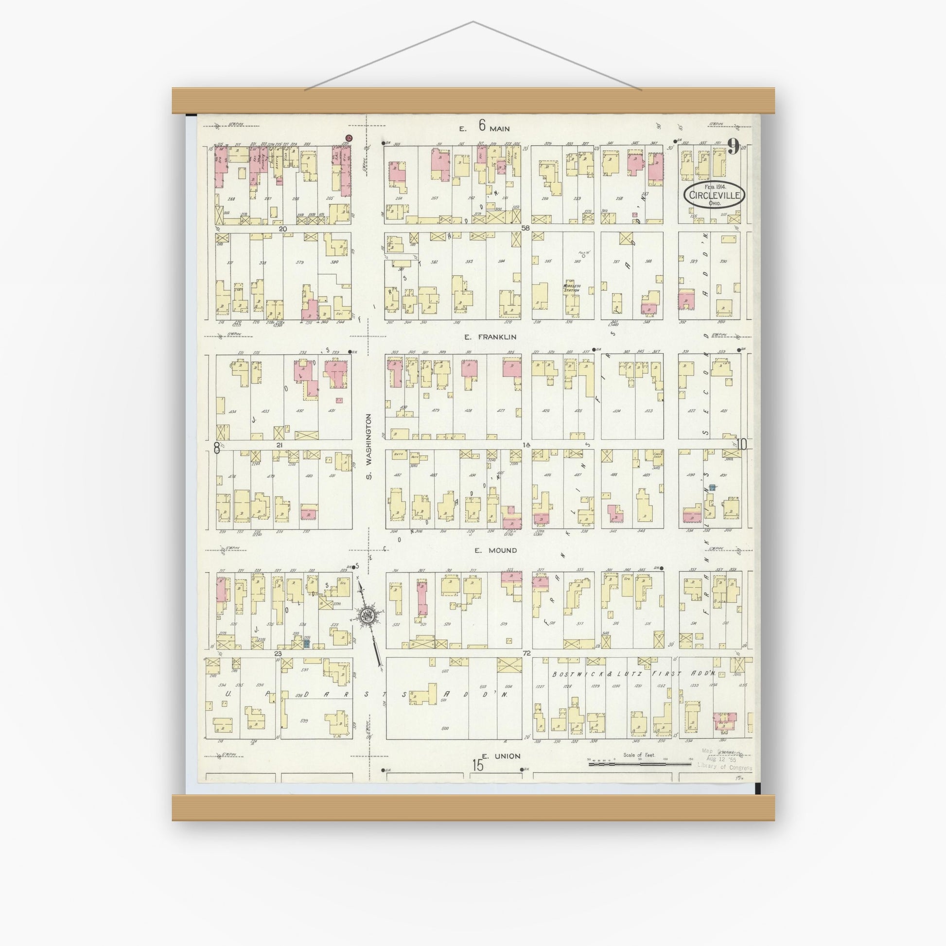 Old map wall art mockup — magnetic wood frame on white wall — Sanborn Fire Insurance Map from Circleville, Pickaway County, Ohio (1914), Sheet #0009