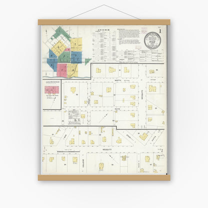 Old map wall art mockup — magnetic wood frame on white wall — Sanborn Fire Insurance Map from Hico, Hamilton County, Texas (1907), Sheet #0001