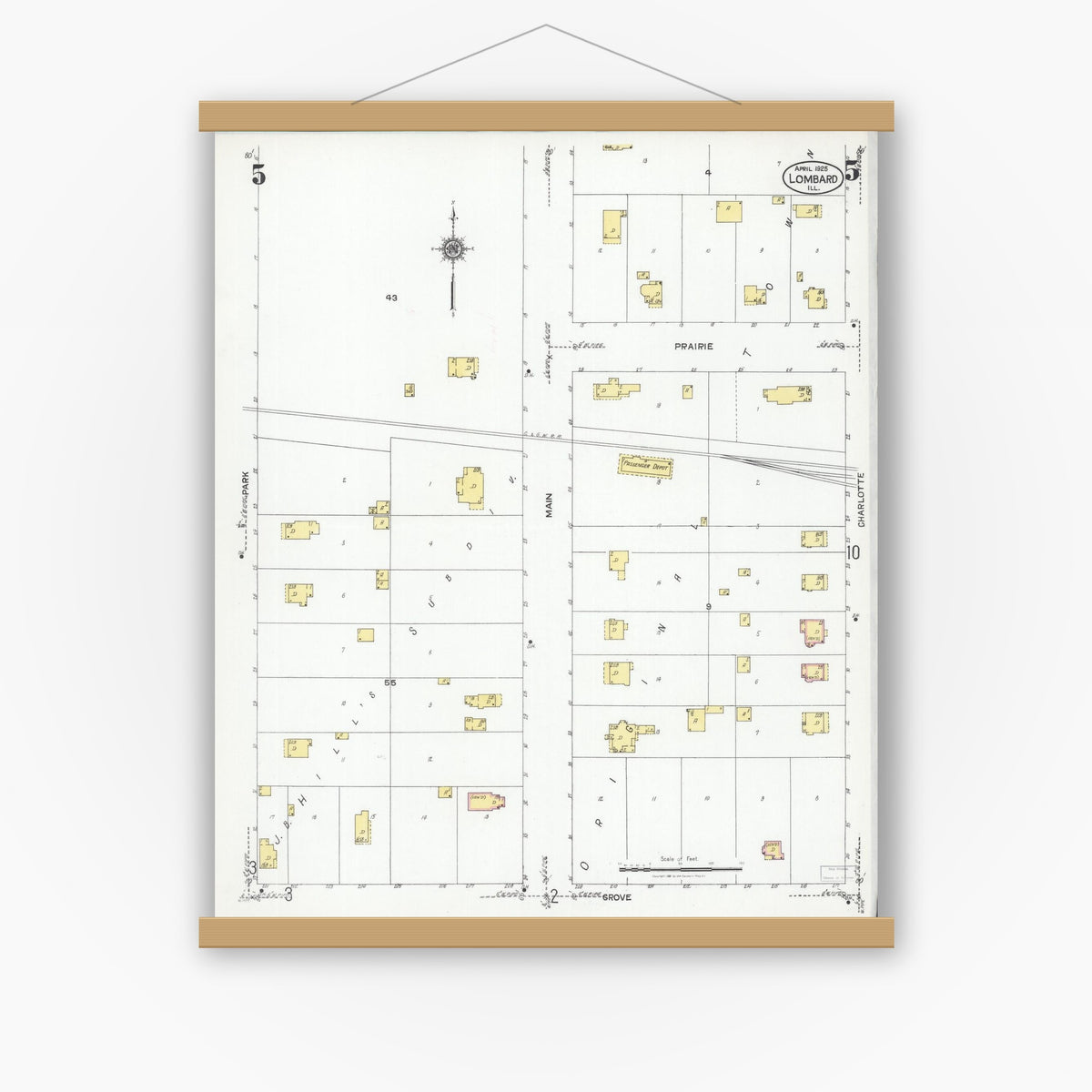 Old map wall art mockup — magnetic wood frame on white wall — Sanborn Fire Insurance Map from Lombard, Du Page County, Illinois (1925), Sheet #0005