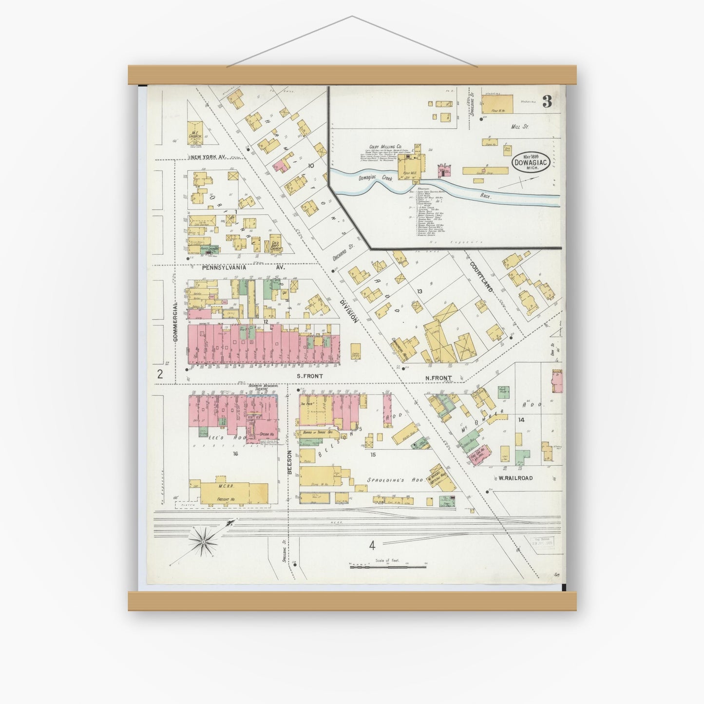 Old map wall art mockup — magnetic wood frame on white wall — Sanborn Fire Insurance Map from Dowagiac, Cass County, Michigan (1899), Sheet #0003