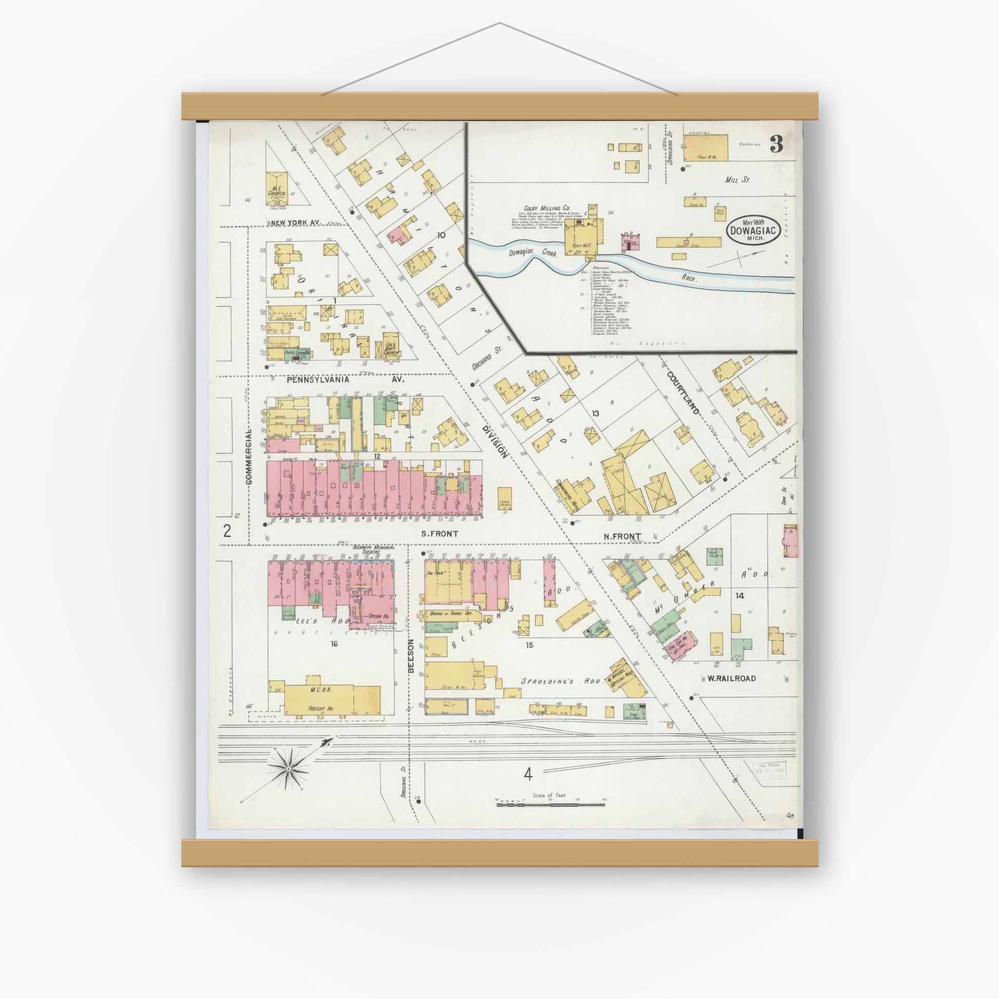 Old map wall art mockup — magnetic wood frame on white wall — Sanborn Fire Insurance Map from Dowagiac, Cass County, Michigan (1899), Sheet #0003