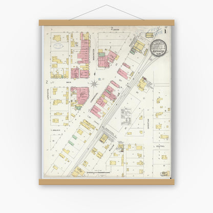 Old map wall art mockup — magnetic wood frame on white wall — Sanborn Fire Insurance Map from Worthington, Greene County, Indiana (1898) - Complete Map Set