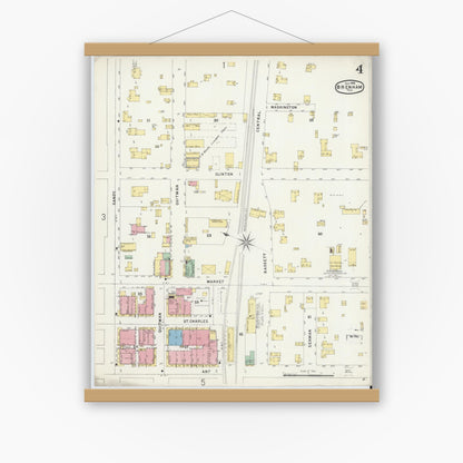 Old map wall art mockup — magnetic wood frame on white wall — Sanborn Fire Insurance Map from Brenham, Washington County, Texas (1896), Sheet #0004