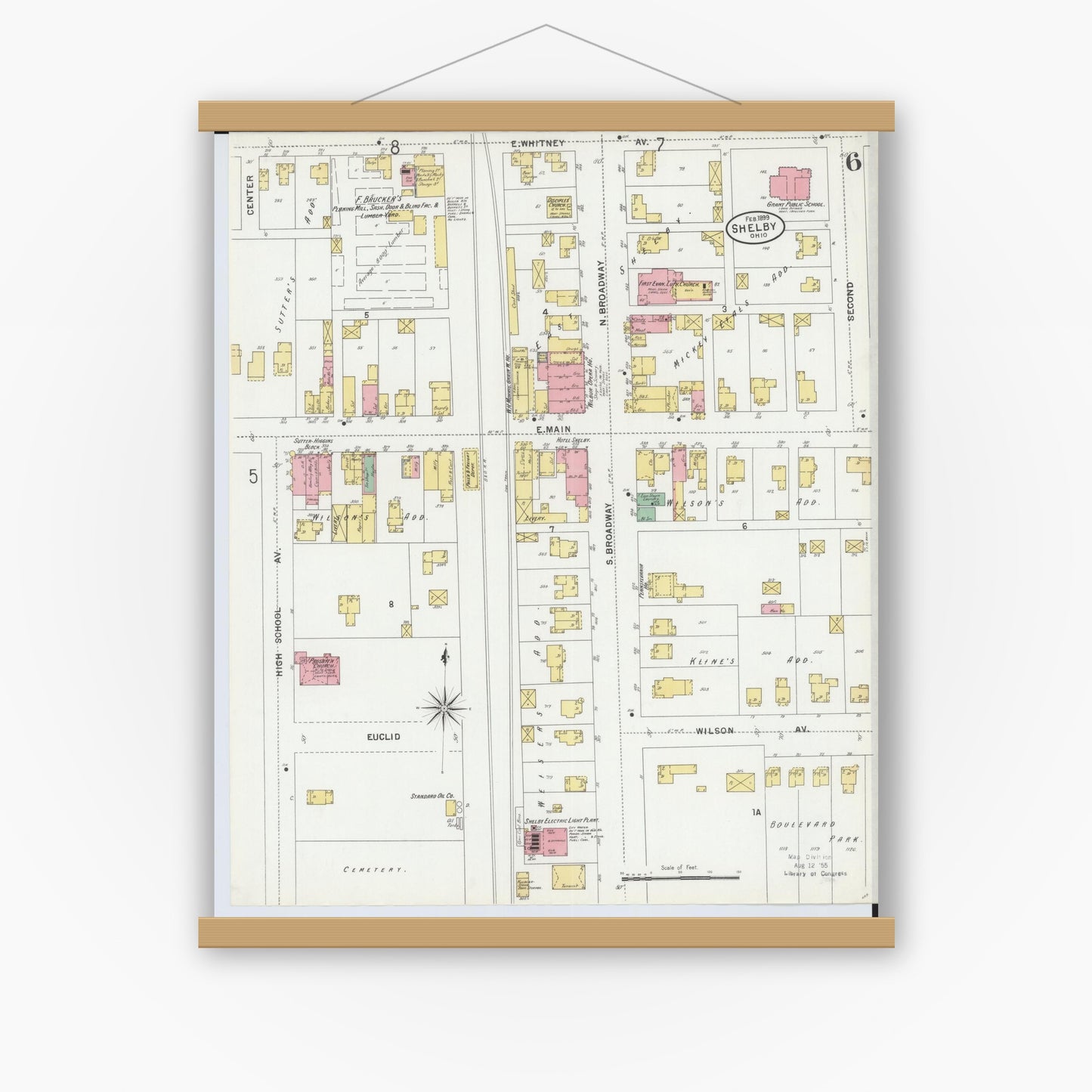 Old map wall art mockup — magnetic wood frame on white wall — Sanborn Fire Insurance Map from Shelby, Richland County, Ohio (1899), Sheet #0006