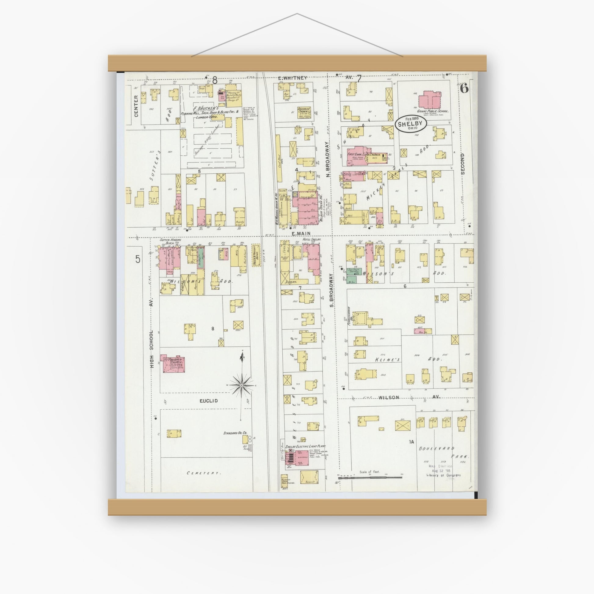 Old map wall art mockup — magnetic wood frame on white wall — Sanborn Fire Insurance Map from Shelby, Richland County, Ohio (1899), Sheet #0006